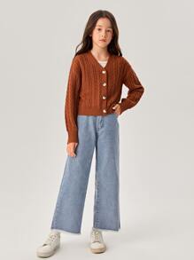 Niñas Cárdigan de hombros caídos tejido de cable - Óxido marrón - Ver 5