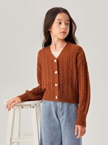 Niñas Cárdigan de hombros caídos tejido de cable - Óxido marrón - Ver 6