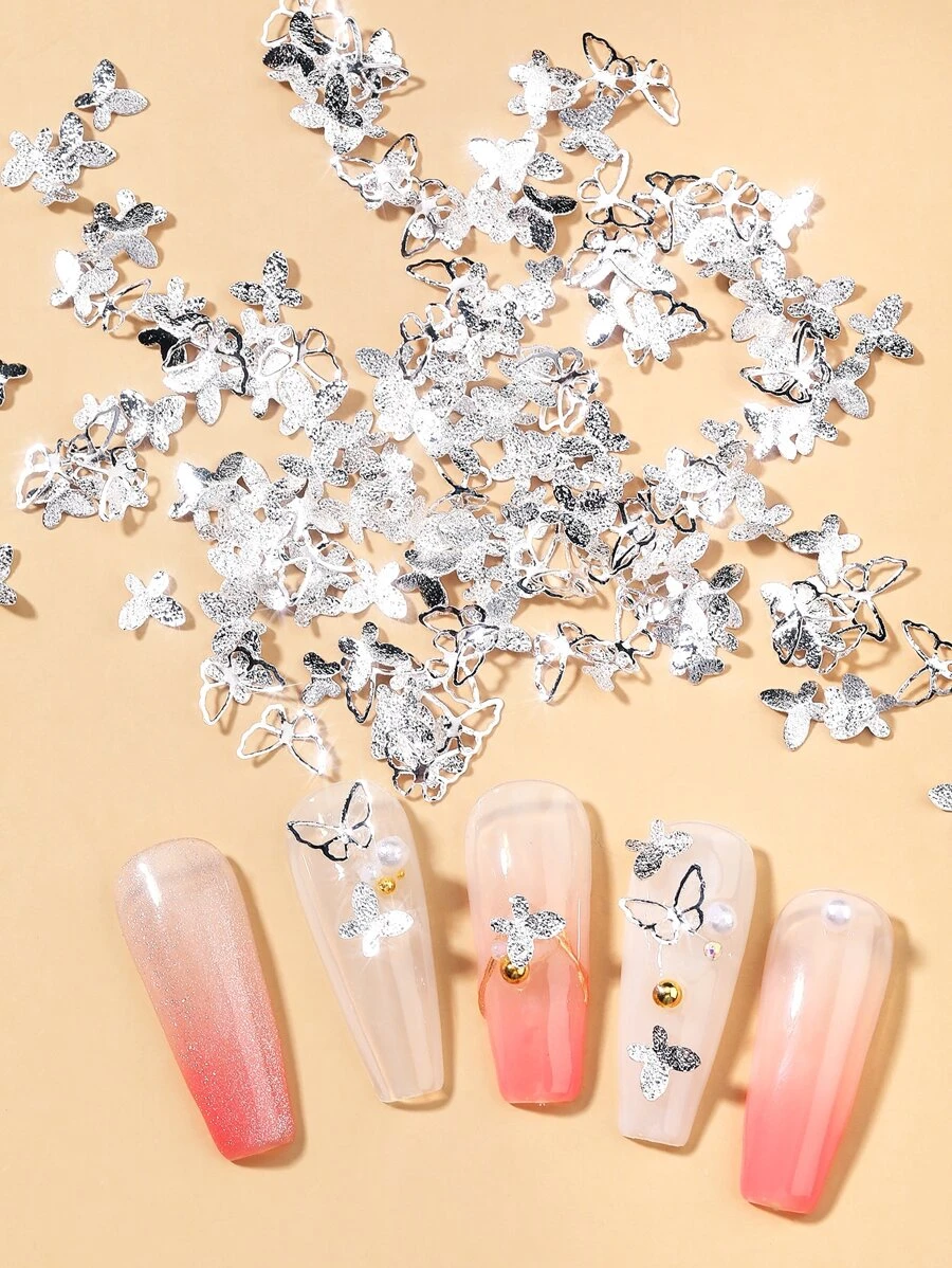 A Pack Of 100 Frosted Hollow Butterflies Assorted Three-dimensional Nail Art Accessories - Silver - View 1