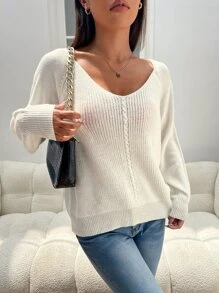 SHEIN Essnce Cable Knit Raglan Sleeve Jumper - Beige - View 4