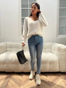 SHEIN Essnce Cable Knit Raglan Sleeve Jumper - Beige - View 5