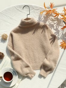 SHEIN Girls Turtleneck Drop Shoulder Jumper - Apricot - View 1