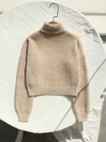 SHEIN Girls Turtleneck Drop Shoulder Jumper - Apricot - View 2