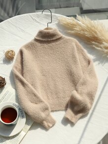 SHEIN Girls Turtleneck Drop Shoulder Jumper - Apricot - View 4