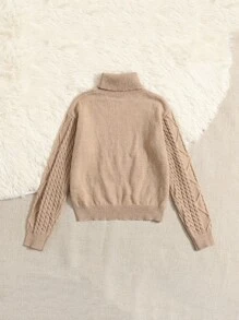 SHEIN 女孩高領麻花編織高低下擺套頭毛衣 - 卡其色 - 查看 2