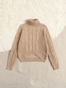 SHEIN 女孩高領麻花編織高低下擺套頭毛衣 - 卡其色 - 查看 5