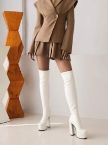 秋冬女式白色简约厚底粗跟靴，圆头高跟经典靴，性感 - 白色 - 查看 1