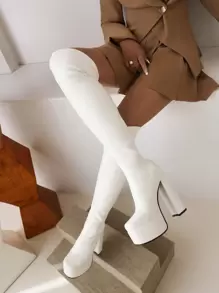 秋冬女式白色简约厚底粗跟靴，圆头高跟经典靴，性感 - 白色 - 查看 4