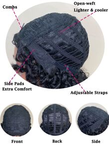 合成耐熱假髮捲曲短假髮黑色12英寸捲髮假髮帶劉海日常使用自然外觀 - 黑色 - 查看 8