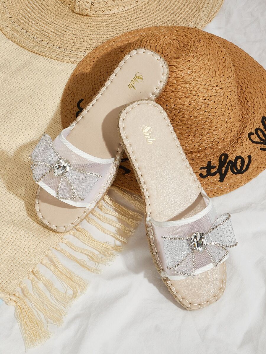 Women Rhinestone & Bow Decor Mesh Espadrille Slide Sandals, Vacation Summer Flat Sandals - White - View 1