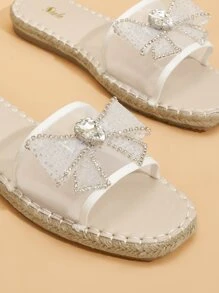 Women Rhinestone & Bow Decor Mesh Espadrille Slide Sandals, Vacation Summer Flat Sandals - White - View 3