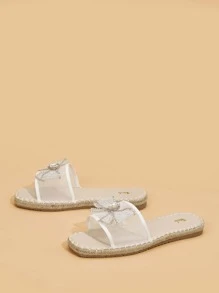 Women Rhinestone & Bow Decor Mesh Espadrille Slide Sandals, Vacation Summer Flat Sandals - White - View 4