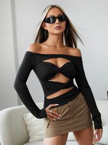 SHEIN ICON Black Off Shoulder Cut Out Twist Front Top, Going Out Top - Black - View 5