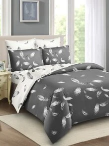3pcs/Set Feather Pattern Duvet Cover Set(1 Duvet Cover & 2 Pillowcase)Soft And Skin-Friendly Duvet Cover Bedding Set For Home, All Season Bed Sheets Set - Multicolor - View 1