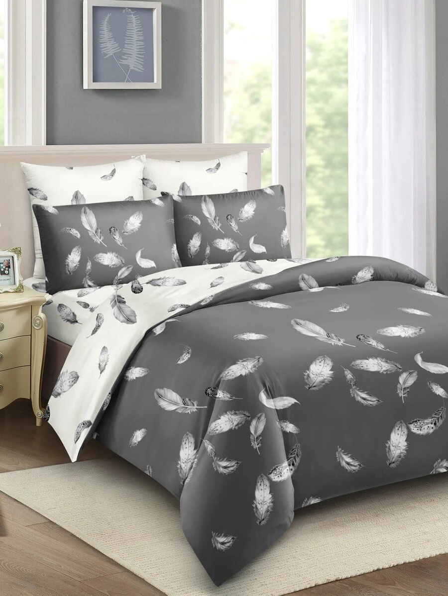 3pcs/Set Feather Pattern Duvet Cover Set(1 Duvet Cover & 2 Pillowcase)Soft And Skin-Friendly Duvet Cover Bedding Set For Home, All Season Bed Sheets Set - Multicolor - View 1
