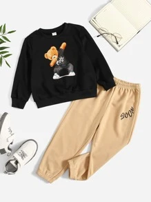 SHEIN 小男童小熊印花套頭衫和字母圖案衛褲 - 彩色 - 查看 1