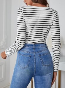 SHEIN Frenchy Striped Square Neck Tee Bodysuit Winter Casual - Black and White - View 5