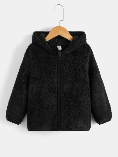 SHEIN Chaqueta con capucha de forro polar con cremallera de unicolor de manga larga para niño, de moda para otoño/invierno