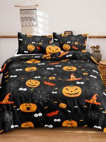 Halloween Pumpkin & Spider Web Print Duvet Cover Set Without Filler - Multicolor - View 1
