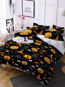 Halloween Pumpkin & Spider Web Print Duvet Cover Set Without Filler - Multicolor - View 3