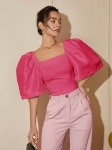 Women's Modern Filipiniana Casual Solid Color Puff Sleeve Square Neck Blouse, Summer Outfits For Women Crop Tops Business Casual Terno - Pink - View 1