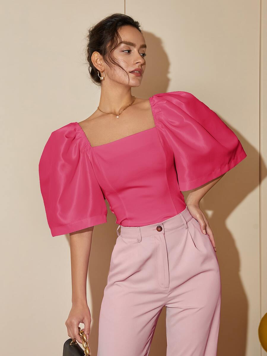 Women's Modern Filipiniana Casual Solid Color Puff Sleeve Square Neck Blouse, Summer Outfits For Women Crop Tops Business Casual Terno - Pink - View 1