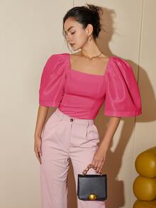 Women's Modern Filipiniana Casual Solid Color Puff Sleeve Square Neck Blouse, Summer Outfits For Women Crop Tops Business Casual Terno - Pink - View 3