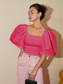 Women's Modern Filipiniana Casual Solid Color Puff Sleeve Square Neck Blouse, Summer Outfits For Women Crop Tops Business Casual Terno - Pink - View 5