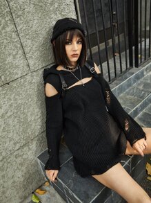 ROMWE Grunge Punk 素色鏤空仿舊連帽套頭毛衣 - 黑色 - 查看 1