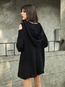 ROMWE Grunge Punk 素色鏤空仿舊連帽套頭毛衣 - 黑色 - 查看 2