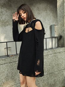 ROMWE Grunge Punk 素色鏤空仿舊連帽套頭毛衣 - 黑色 - 查看 3