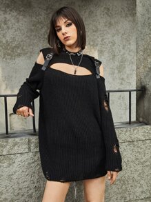 ROMWE Grunge Punk 素色鏤空仿舊連帽套頭毛衣 - 黑色 - 查看 4