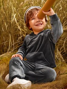 SHEIN 小男童袋鼠口袋連帽衫和運動褲 - 深灰色 - 查看 3