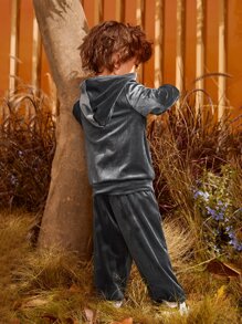 SHEIN 小男童袋鼠口袋連帽衫和運動褲 - 深灰色 - 查看 5