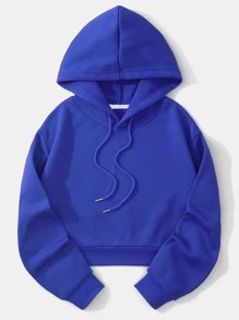 SHEIN EZwear Slogan Graphic Thermal Lined Drawstring Crop Hoodie - Royal Blue - View 2