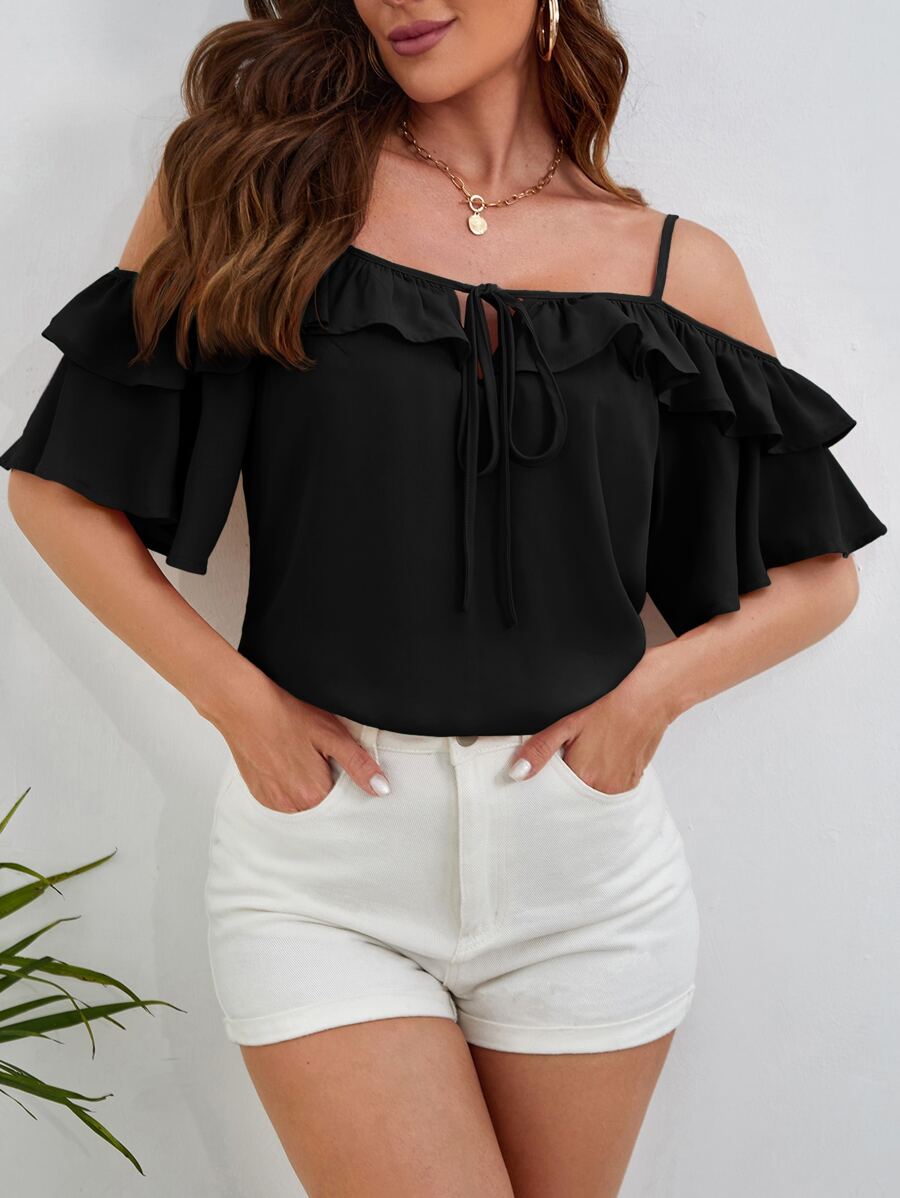 SHEIN Privé Áo sơ mi nữ Xù Thắt nơ trước màu trơn Boho - màu đen - Xem 1