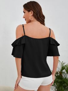 SHEIN Privé Áo sơ mi nữ Xù Thắt nơ trước màu trơn Boho - màu đen - Xem 2