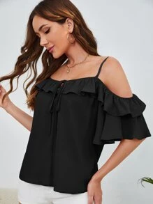 SHEIN Privé Áo sơ mi nữ Xù Thắt nơ trước màu trơn Boho - màu đen - Xem 3