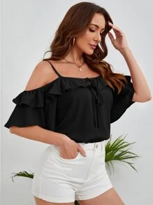 SHEIN Privé Áo sơ mi nữ Xù Thắt nơ trước màu trơn Boho - màu đen - Xem 4