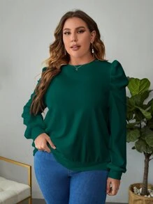 SHEIN Clasi Plus Solid Puff Sleeve Sweatshirt - Dark Green - View 1
