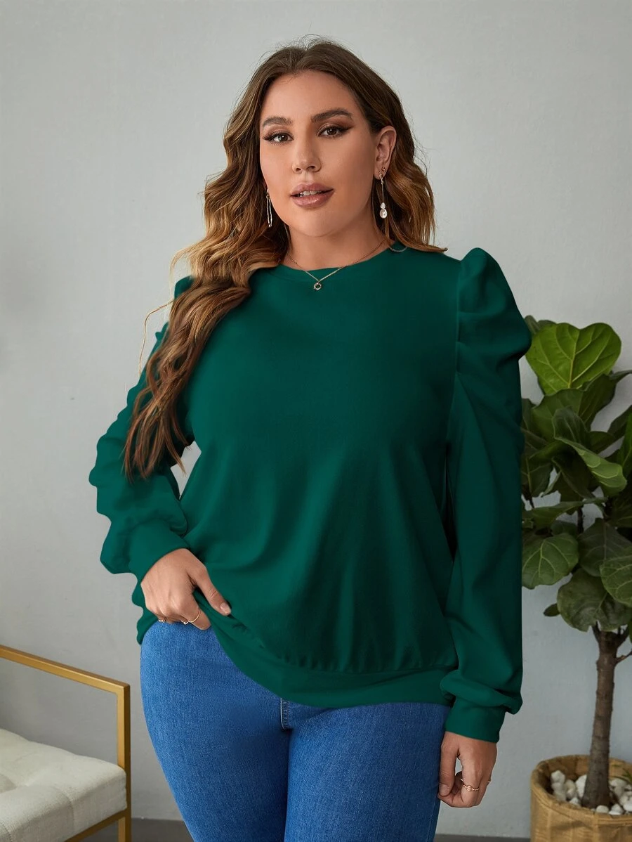SHEIN Clasi Plus Solid Puff Sleeve Sweatshirt - Dark Green - View 1