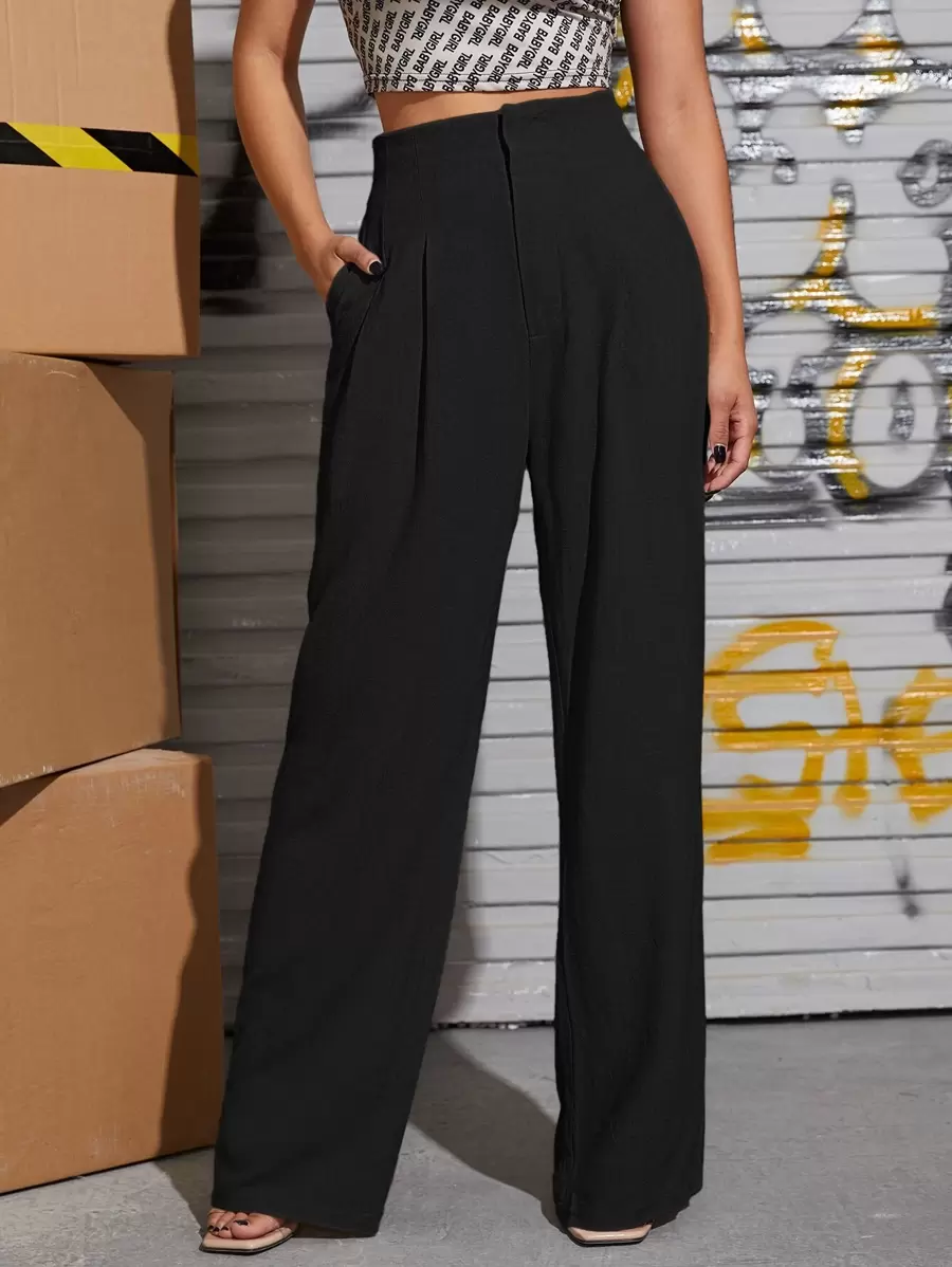 SHEIN Essnce Slant Pocket Wide Leg Trousers - Black - View 1