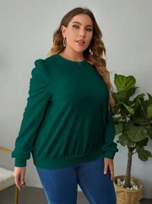 SHEIN Clasi Plus Solid Puff Sleeve Sweatshirt - Dark Green - View 3