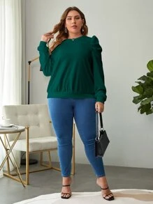 SHEIN Clasi Plus Solid Puff Sleeve Sweatshirt - Dark Green - View 4