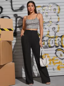 SHEIN Essnce Slant Pocket Wide Leg Trousers - Black - View 4