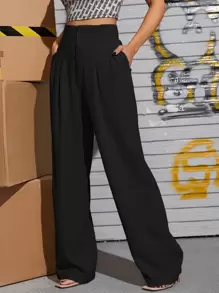 SHEIN Essnce Slant Pocket Wide Leg Trousers - Black - View 5