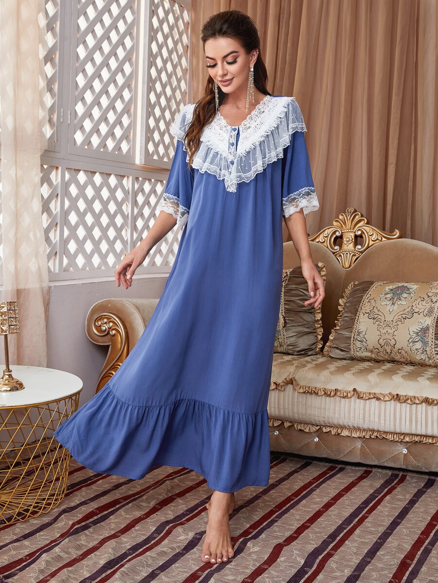 PalaceNights Lace Trim Button Front Ruffle Hem Sleep Dress Pajama Long Dress Luxe Loungewear, Moo Moo Sleep Dress - Blue - View 1