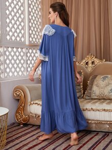 PalaceNights Lace Trim Button Front Ruffle Hem Sleep Dress Pajama Long Dress Luxe Loungewear, Moo Moo Sleep Dress - Blue - View 2