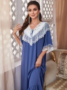 PalaceNights Lace Trim Button Front Ruffle Hem Sleep Dress Pajama Long Dress Luxe Loungewear, Moo Moo Sleep Dress - Blue - View 3