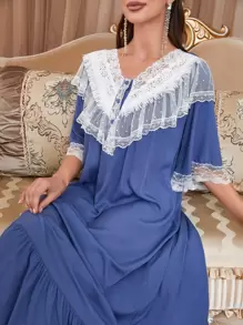 PalaceNights Lace Trim Button Front Ruffle Hem Sleep Dress Pajama Long Dress Luxe Loungewear, Moo Moo Sleep Dress - Blue - View 4